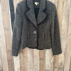 Vintage Bouclé Wool Blend Jacket | Ruffled Trim | Belted Waist | Made in Canada